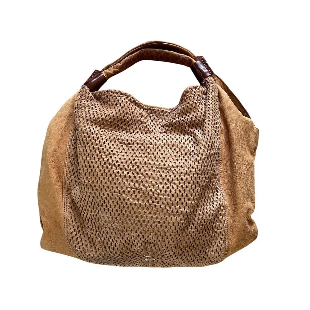 49 Square Miles Nubuck Leather Slouchy Hobo Shoulder Bag Perforated Tan Tote - Picture 10 of 14